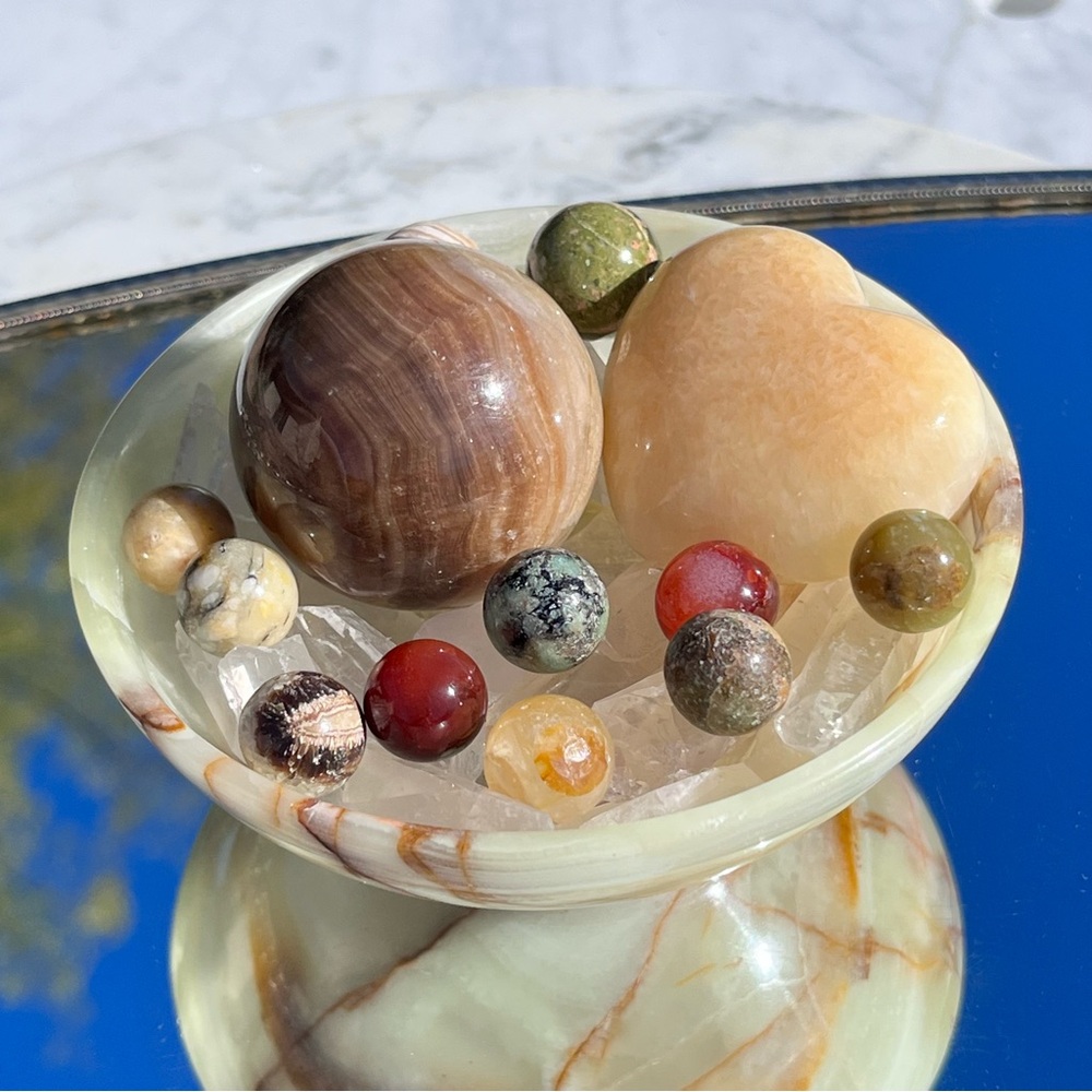 Chunky Golden Calcite Heart, Brown Banded Calcite Sphere, Quartz Crystals